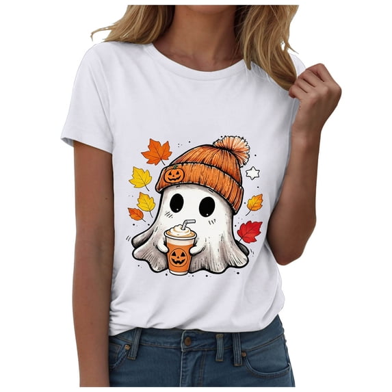 Ahadesign Halloween Dresses for Women Women Funny Cute Boo Ghost Halloween Thanksgiving Fall Pumpkin Spooy Season Letter Print Graphic Short Sleeve Tee Shirt (White,XXXL)