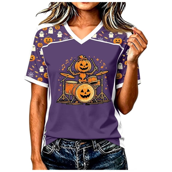 Ahadesign Halloween Hawaiian Shirt Plus Size Halloween Shirts for Women Pumpkin Graphic Tshirt Fall Casual Short Sleeve Tee Tops (Purple,XXXL)