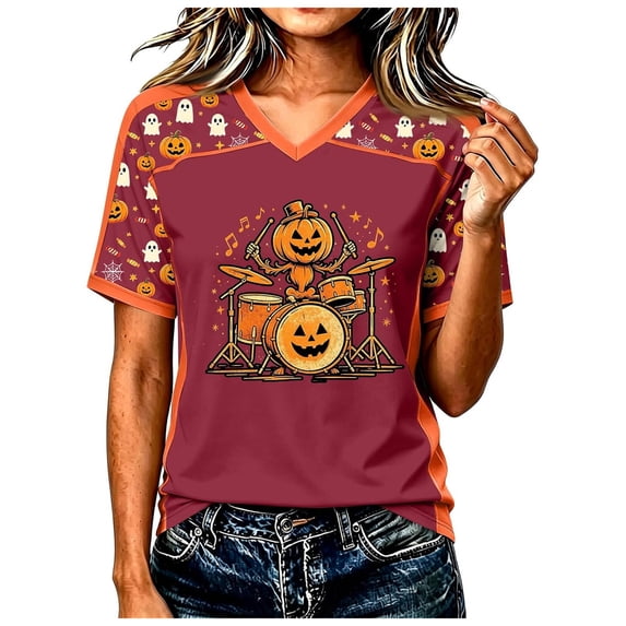 Ahadesign Halloween Summer Plus Size Halloween Shirts for Women Pumpkin Graphic Tshirt Oversized Fall Casual Tee Tops (Red,S)