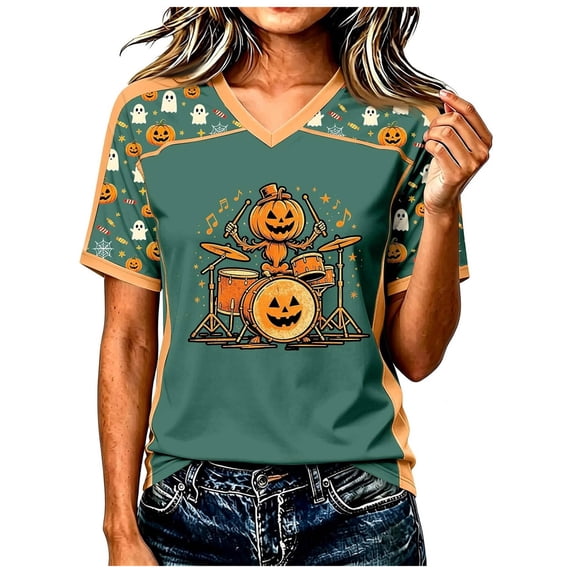Ahadesign Halloween T Shirt Women's Puff Long Sleeve Shirts Pleated Crew Neck Fall Tunic Tops Blouse Dressy Casual Summer T-Shirts (Green,S)