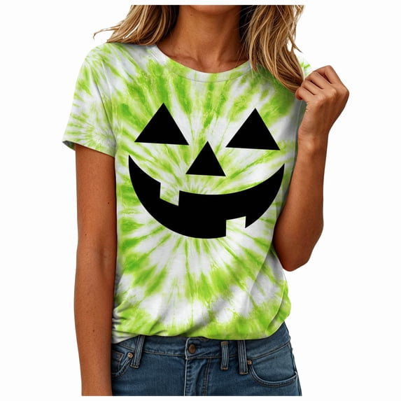 Ahadesign Summer Halloween Halloween T Shirt Women Vintage Graphic Coffee Tees Shirt Short Sleeve Casual Funny Halloween Party Shirts (Green,XL)