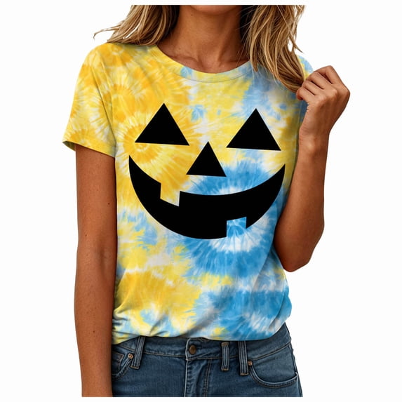 Ahadesign Summer Halloween Halloween T Shirt Women Vintage Graphic Coffee Tees Shirt Short Sleeve Casual Funny Halloween Party Shirts (Sky Blue,5XL)