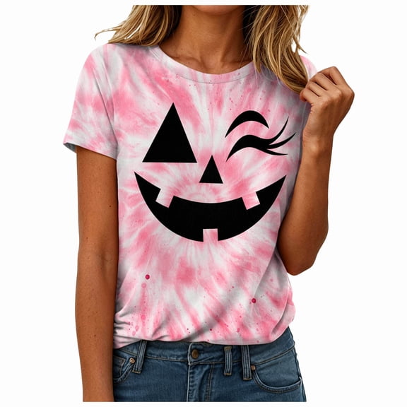 Ahadesign Womens Fall Clothes Halloween Shirt Women Letter Print Graphic Plus Size Fall Tees Tops (Pink,S)