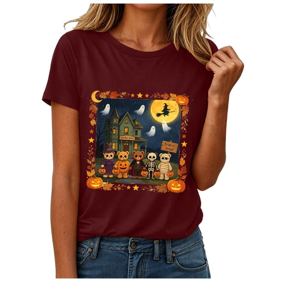 Ahadesign Womens Ghost Plus Size Halloween Shirts for Women Pumpkin Graphic Tshirt Fall Casual Short Sleeve Tee Tops (Wine,M)