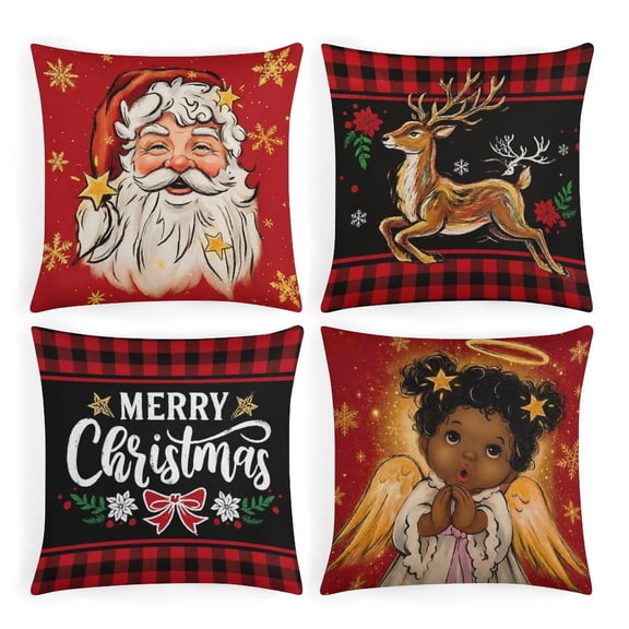 Ahaia Christmas Throw Pillow Covers 4Pcs - 18x18, Rustic Buffalo Plaid Holiday Decorative Cushion Cases, Santa Reindeer Angel Figure Letter Pattern Pillowcases for Farmhouse Sofa Couch Xmas Decor