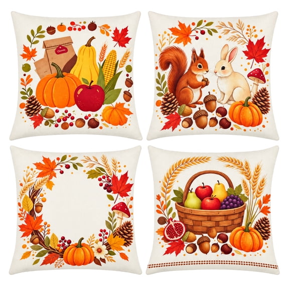 Ahaia Fall Harvest Throw Pillow Covers 18x18 (4Pcs) - Embrace Autumn Vibes with Pumpkin, Squirrel, Rabbit & Fruit Basket Patterns, Perfect for Thanksgiving Home Decor