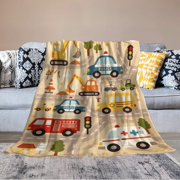 Ahaia Kids Construction & Rescue Vehicle Town Map Throw Blanket 50 x 60 Inch, Cartoon Car Road Map Flannel Blanket, Transportation Themed Lightweight Blanket for Toddler Boys Playroom Bedroom Gift