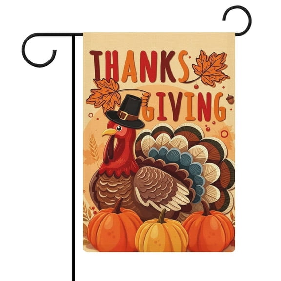 Ahaia Thanksgiving Garden Flag 28 x 40 Inch, Faux Linen Yard Flag, Cartoon Turkey Pilgrim Hat Pumpkin Maple Leaf Fall Harvest Decor Flag, Double Sided Seasonal Flag for Porch Lawn Patio Decoration