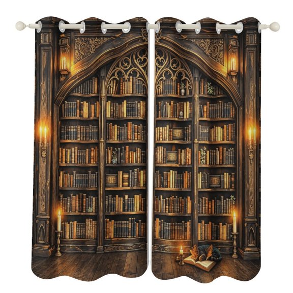 Ahaia Vintage Library Bookshelf Window Curtains 52 x 84 Inch 2 Panels Set, Old Wooden Bookcase Candle Light Print Light Filtering Drapes, Retro Study Room Decor for Bedroom Living Room
