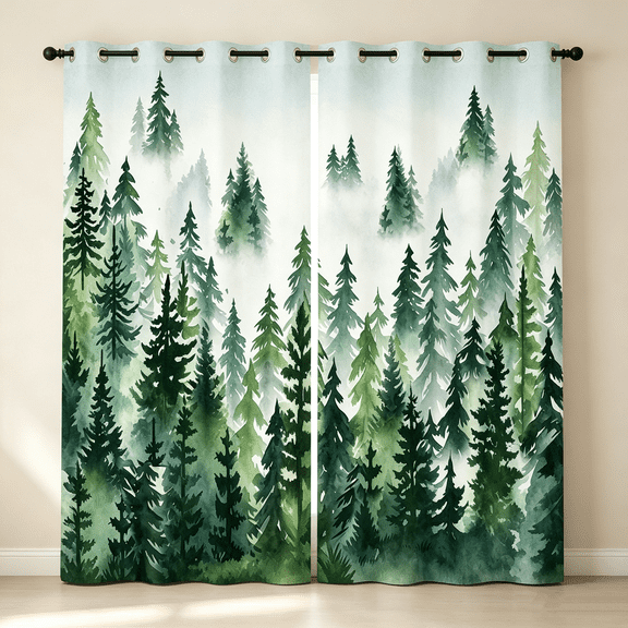 Ahaia Watercolor Misty Pine Forest Window Curtains 52 x 84 Inch 2 Panels Set, Green Mountain Woodland Nature Landscape Light Filtering Drapes for Bedroom Living Room Cabin Decor