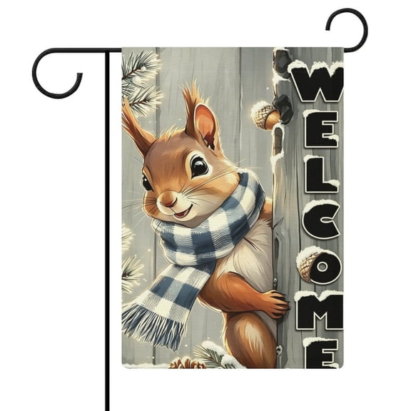 Ahaia Winter Welcome Garden Flag 28 x 40 Inch, Faux Linen Yard Flag, Cute Squirrel with Plaid Scarf Pinecone Snow Decor Flag, Double Sided Seasonal Flag for Porch Lawn Patio Decoration