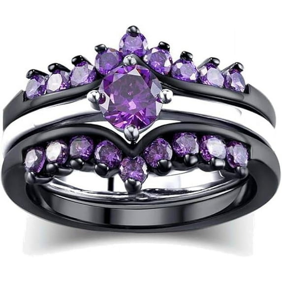 Ahansh Jewels 2.20 Ct Round Cut Purple Amethyst Engagement Wedding Thanksgiving Christmas Bridal Ring Set 14K Black Gold Plated 925 Sterling Silver For Women's -5.5