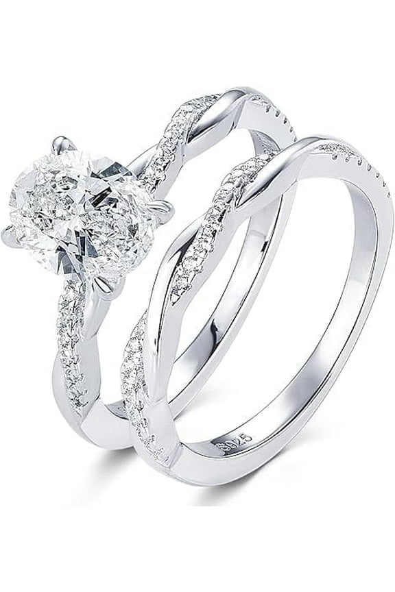 925 Sterling Silver Oval Cut White Diamond Bridal Ring Set – 14K White Gold Plated Engagement & Wedding Rings for Women, Size-5