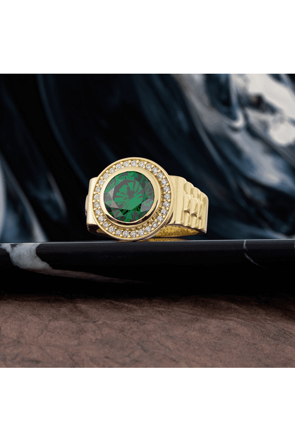 Jewels Round Cut Green Emerald Ring Gift for Men 925 Sterling Silver