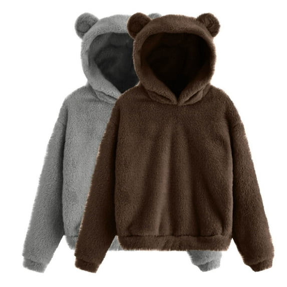 Ahdbta 2 Pcs Sweatshirts for Kids Cute Teddy Bear Fleece Pullover Tops Solid Color Long Sleeve Casual Warm Thickened Tops