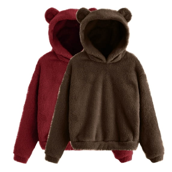 Ahdbta 2 Pcs Sweatshirts for Kids Cute Teddy Bear Fleece Pullover Tops Solid Color Long Sleeve Casual Warm Thickened Tops