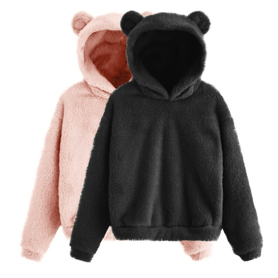 Ahdbta 2 Pcs Sweatshirts for Kids Cute Teddy Bear Fleece Pullover Tops Solid Color Long Sleeve Casual Warm Thickened Tops