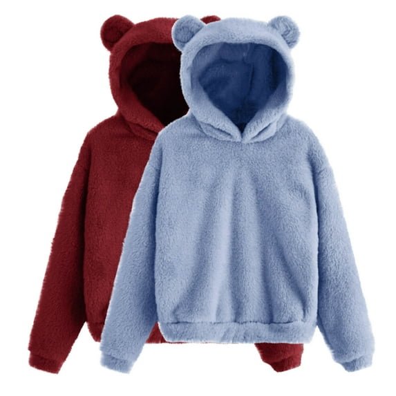 Ahdbta 2 Pcs Sweatshirts for Kids Cute Teddy Bear Fleece Pullover Tops Solid Color Long Sleeve Casual Warm Thickened Tops