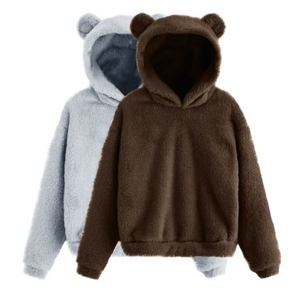 Ahdbta 2 Pcs Sweatshirts for Kids Cute Teddy Bear Fleece Pullover Tops Solid Color Long Sleeve Casual Warm Thickened Tops
