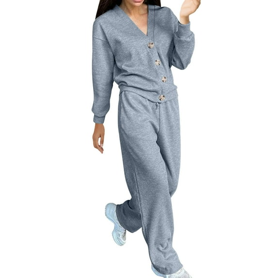 Ahdbta 2 Piece Sweatsuit Sets for Women Button Down V-Neck Long Sleeve Tops and Drawstring Joggers Pants Tracksuit Outfits