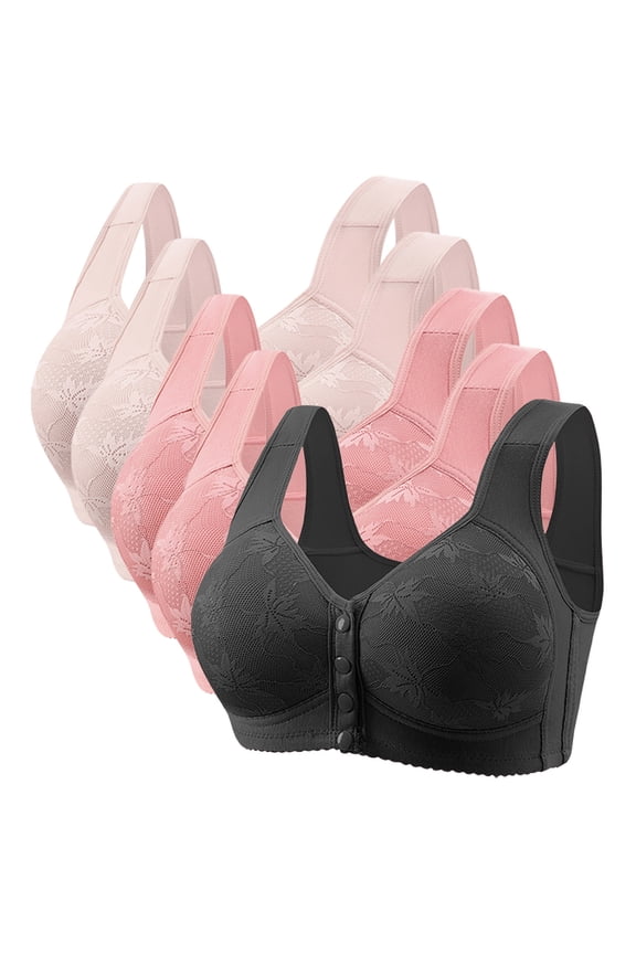 5 Pack Bras for Women Full Coverage Front Closure No Underwire Bralette Front Easy Close Bra for Seniors Push up Wireless Bra