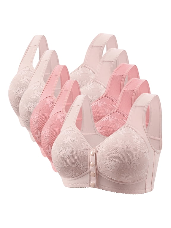 5 Pack Bras for Women Full Coverage Front Closure No Underwire Bralette Front Easy Close Bra for Seniors Push up Wireless Bra