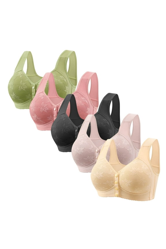 5 Pack Daisy Bras for Older Women Front Closure Wireless Push Up Bras Full Coverage Everyday Wirefree Comfortable Sleep Bras