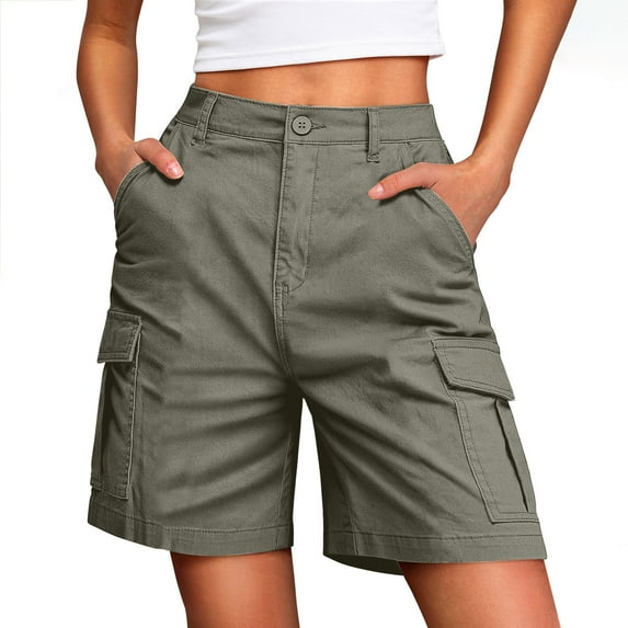 Ahdbta Bermuda Cargo Shorts for Women Knee Length Multi-Pockets High Waisted Hiking Long Shorts for Summer Casual