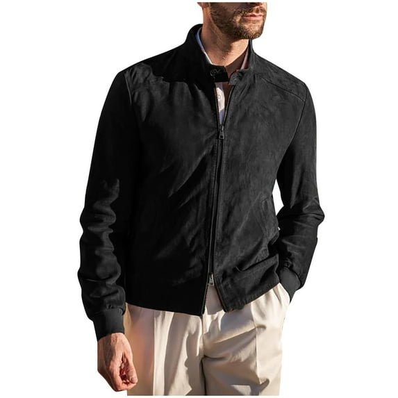 Ahdbta Bomber Jackets for Men Double Zipper Casual Stand Collar Jackets Fall Winter Vintage Long Sleeve Coats with Pockets