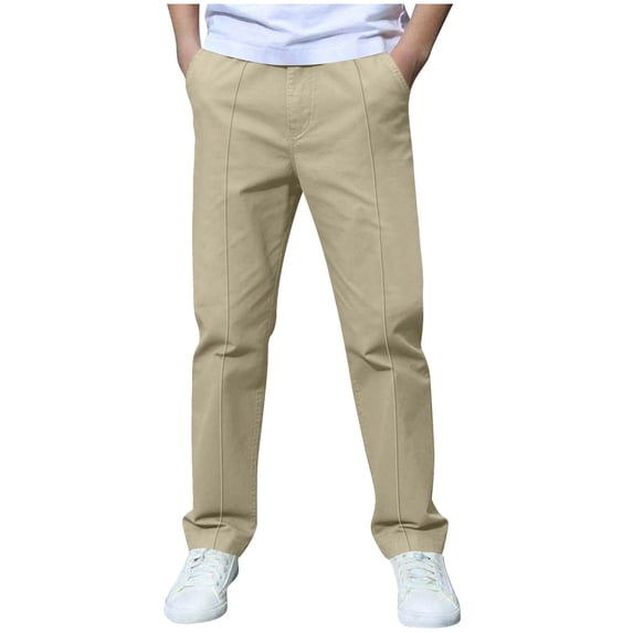 Ahdbta Boys Dress Pants Kids Elastic Waisted Straight Wide Leg Uniform Pants Casual Twill Chino Trousers with Pockets 3-14 Years