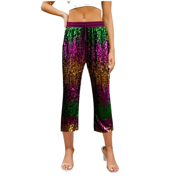 Ahdbta Capri Pants for Women Drawstring High Waisted Lounge Wide Leg Pants Trendy Sequin Patchwork Capris with Pockets