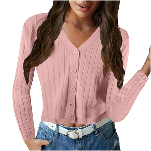 Ahdbta Cardigan Sweaters for Women Button Down Sexy V Neck Casual Cropped Coats Long Sleeve Slim Fitted Knitted Sweaters Jackets