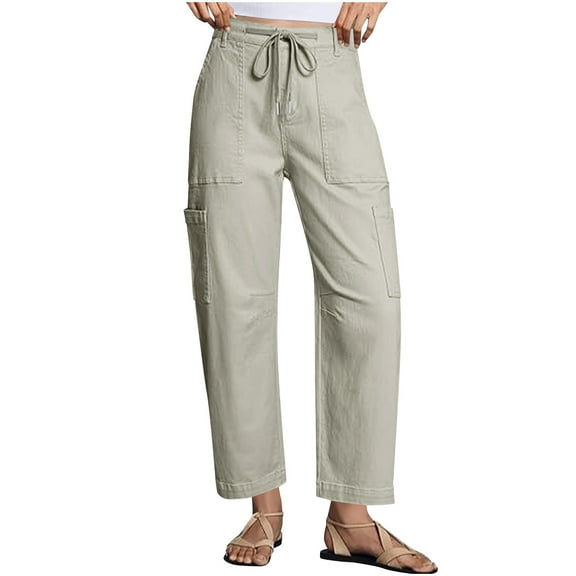 Ahdbta Cargo Pants for Women Casual High Waisted Drawstring Straight Wide Leg Pants Loose Cotton Twill Hiking Trousers with Pockets