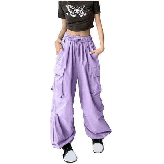 Ahdbta Cargo Pants for Women Drawstring Elastic Waist Baggy Sweatpants Solid Color Y2K Joggers Trousers with Multi Pockets