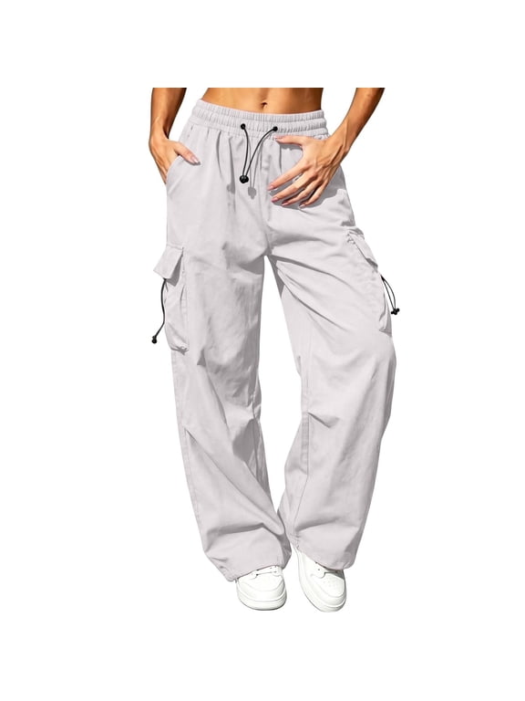 Cargo Pants for Women Plus Size Baggy Wide Leg Y2K Streetwear Parachute Pants Drawstring High Waisted Hiking Trousers with Pockets