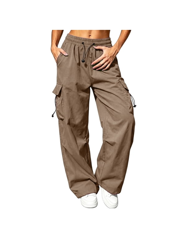 Cargo Pants for Women Plus Size Baggy Wide Leg Y2K Streetwear Parachute Pants Drawstring High Waisted Hiking Trousers with Pockets