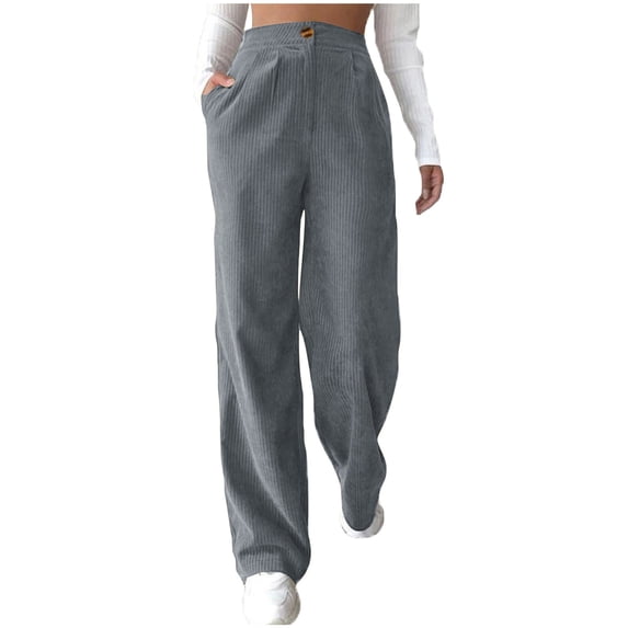 Ahdbta Corduroy Pants for Women Fall Winter Button High Waisted Trousers Lounge Solid Color Straight Wide Leg Pants with Pockets