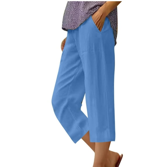 Ahdbta Cotton Linen Capri Pants for Women Wide Leg Cropped Lounge Trousers Elastic High Waist Summer Beach Cropped Pant with Pockets