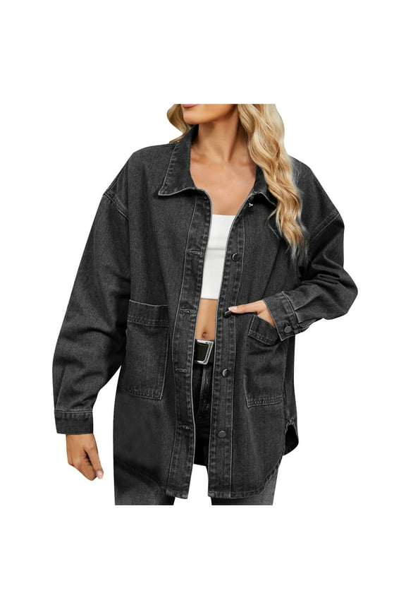 Denim Jackets for Women Button Down Collared Long Sleeve Oversized Coats Vintage Washed Loose Outerwears with Pockets