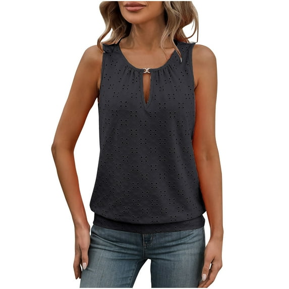 Ahdbta Eyelet Tank Top for Women Summer Casual Keyhole V Neck Tee Shirts Sleeveless Fashion Loose Blouse Tops