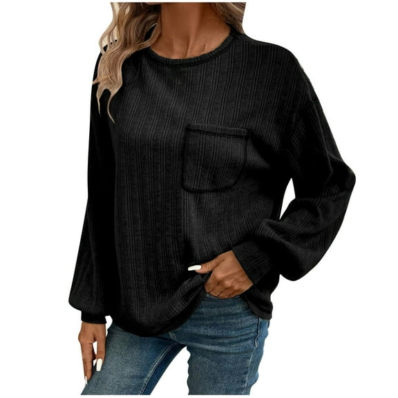 Ahdbta Fall Blouses for Women Casual Loose Fit Lantern Long Sleeve Crewneck Tunic Shirts Ribbed Knitted Pullover Tops with Pocket