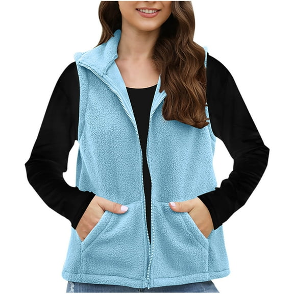Ahdbta Fleece Vests for Women Casual Warm Zip Up Sleeveless Sherpa Jackets Fall Winter Lapel Outerwears with Pockets