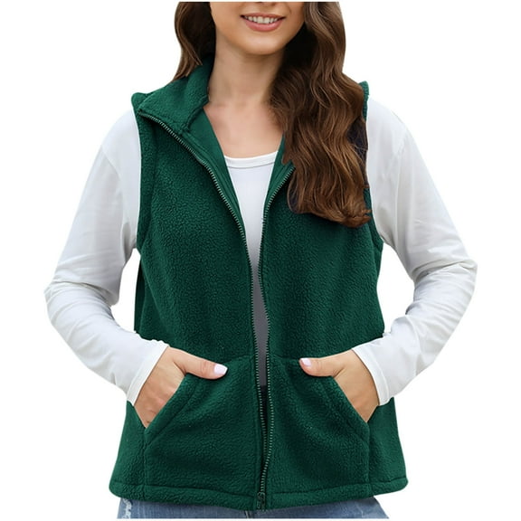Ahdbta Fleece Vests for Women Casual Warm Zip Up Sleeveless Sherpa Jackets Fall Winter Lapel Outerwears with Pockets