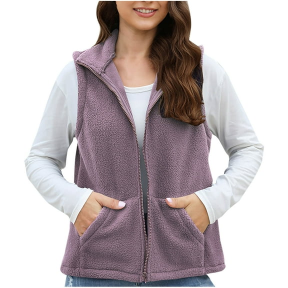 Ahdbta Fleece Vests for Women Casual Warm Zip Up Sleeveless Sherpa Jackets Fall Winter Lapel Outerwears with Pockets