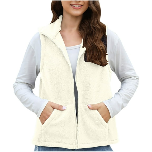 Ahdbta Fleece Vests for Women Casual Warm Zip Up Sleeveless Sherpa Jackets Fall Winter Lapel Outerwears with Pockets