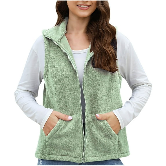 Ahdbta Fleece Vests for Women Casual Warm Zip Up Sleeveless Sherpa Jackets Fall Winter Lapel Outerwears with Pockets