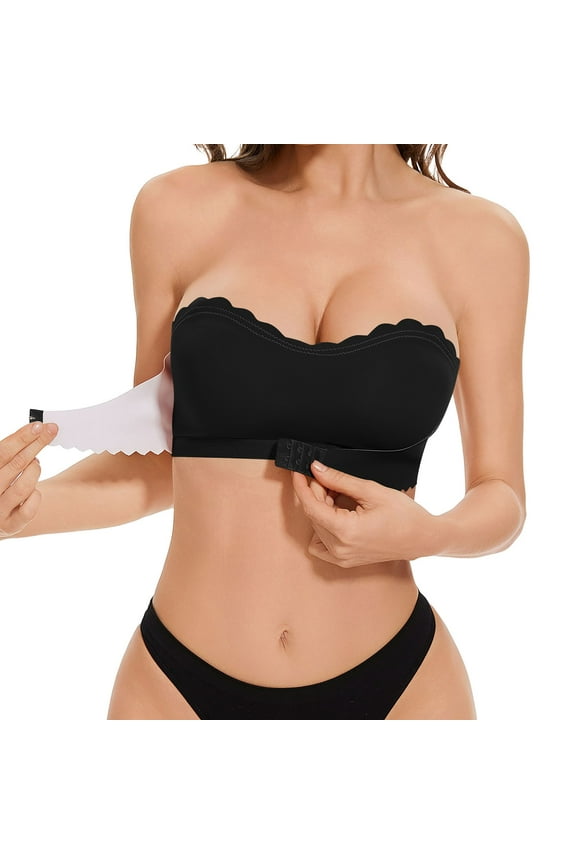 Front Closure Strapless Bra for Women Non-Slip Padded Bandeau Bra Wireless Seamless Tube Top Bralette with Clear Straps