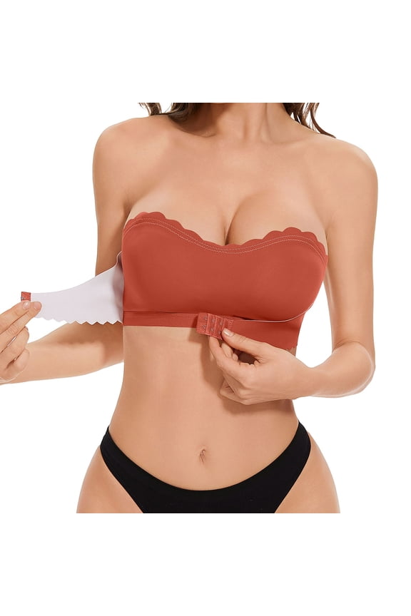 Front Closure Strapless Bra for Women Non-Slip Padded Bandeau Bra Wireless Seamless Tube Top Bralette with Clear Straps