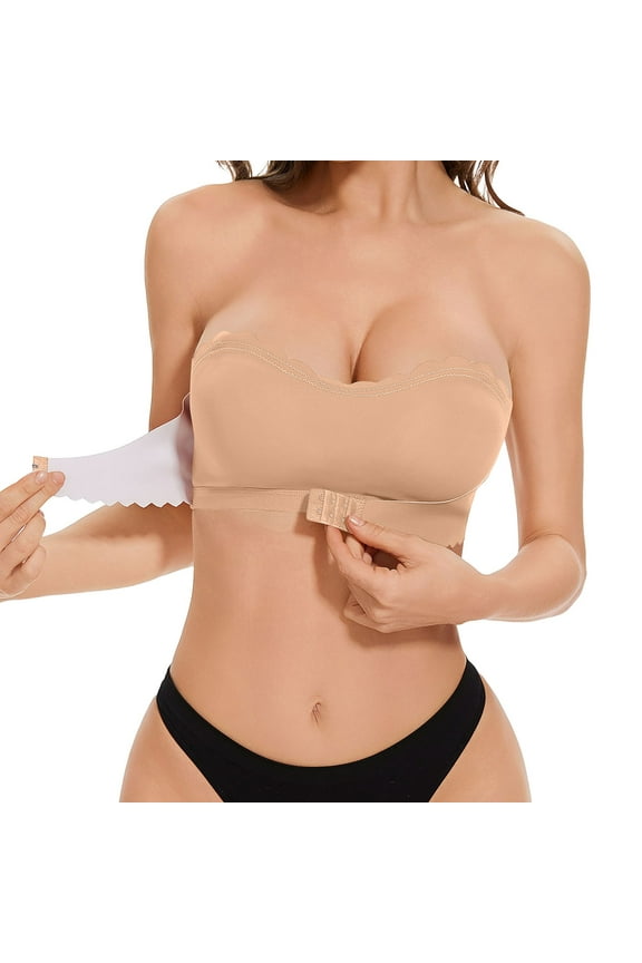 Front Closure Strapless Bra for Women Non-Slip Padded Bandeau Bra Wireless Seamless Tube Top Bralette with Clear Straps