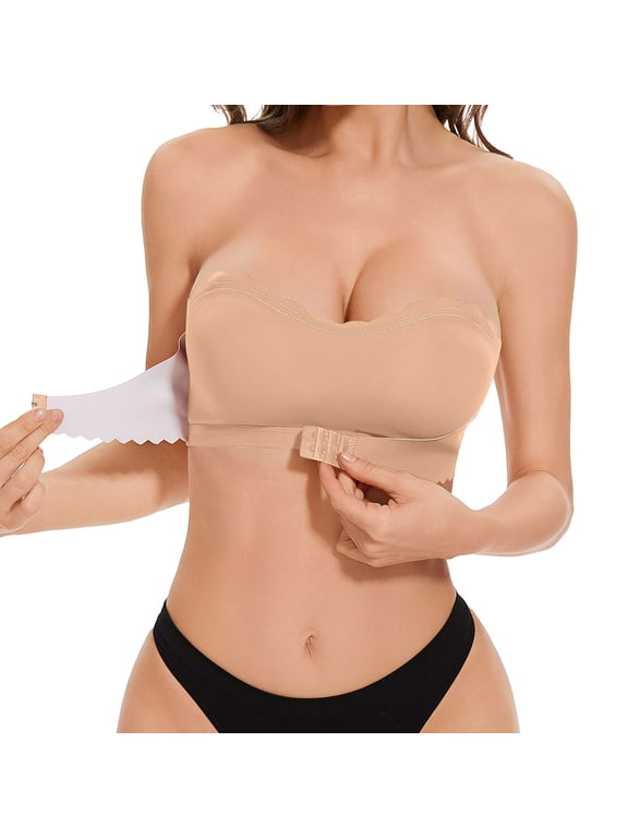Front Closure Strapless Bra for Women Non-Slip Padded Bandeau Bra Wireless Seamless Tube Top Bralette with Clear Straps